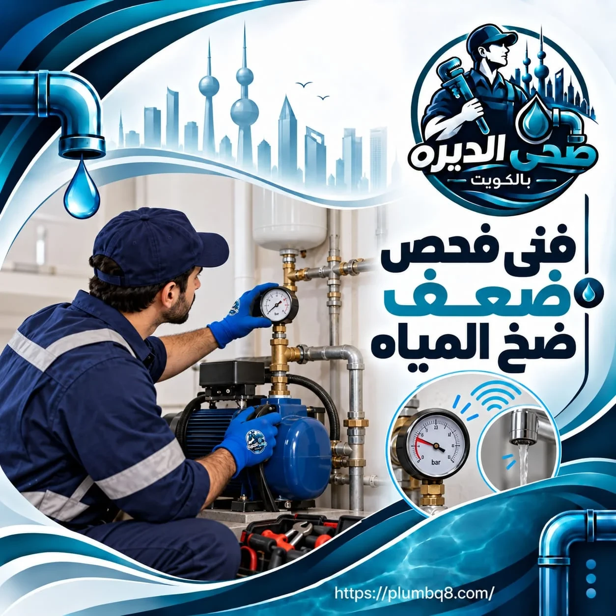 فني صحي يفحص مضخة المياه وعداد الضغط لتشخيص ضعف ضخ المياه