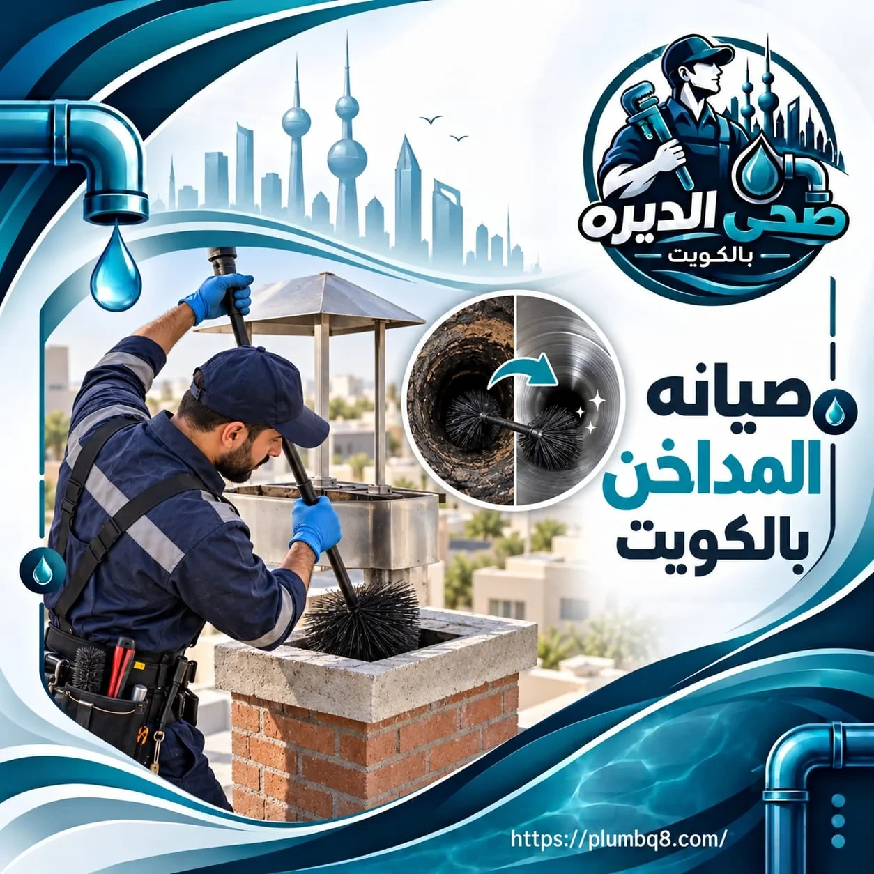 فني صحي الديرة ينظف المدخنة بالفرشاة لإزالة السخام والرواسب في الكويتSehi Al Deera technician cleaning a chimney with a brush to remove soot and buildup in Kuwait