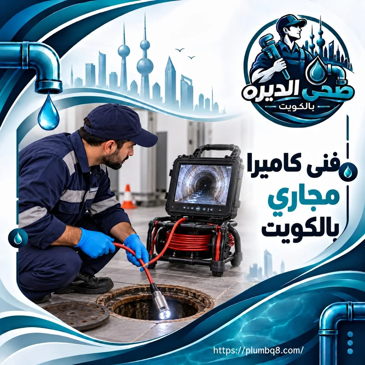 فني كاميرا مجاري ينزل كاميرا الفحص داخل غرفة التفتيش في الكويت