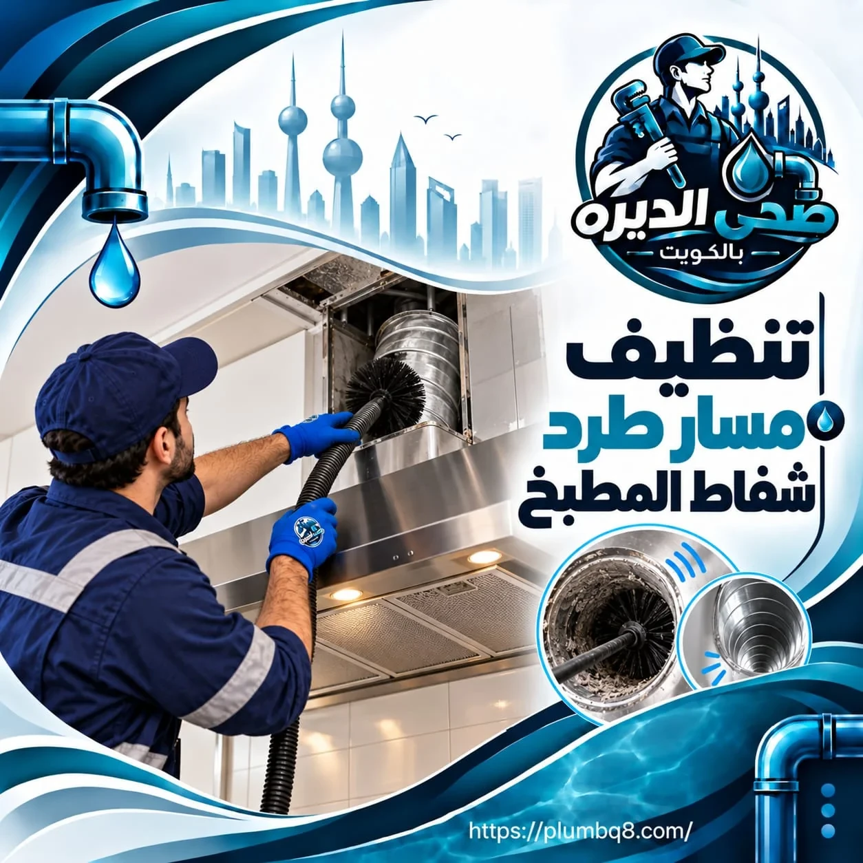 فني ينظف مسار طرد شفاط المطبخ من الدهون بفرشاة دوارة في الكويت