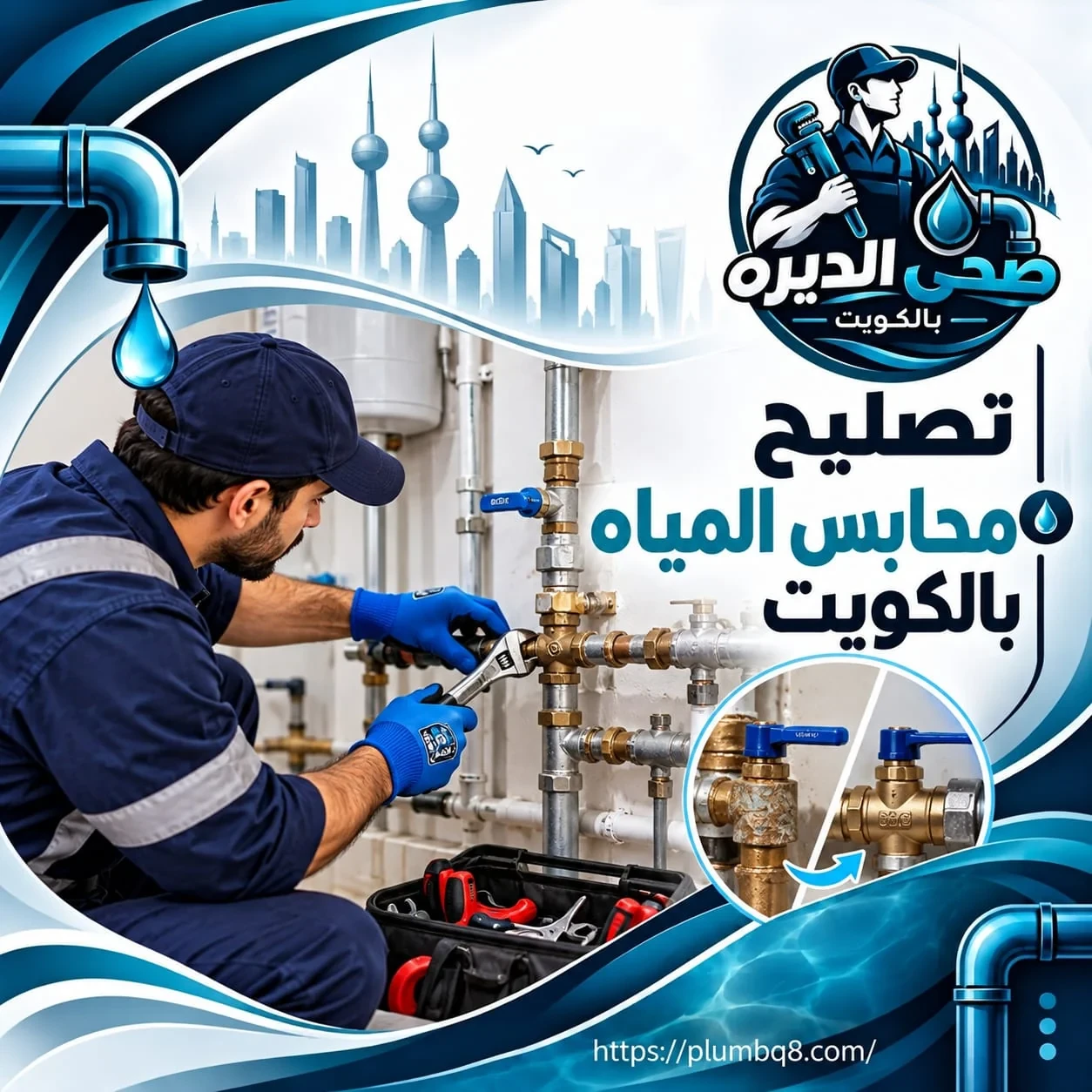 فني صحي الديرة يصلح محابس المياه النحاسية بمفتاح ربط في الكويت